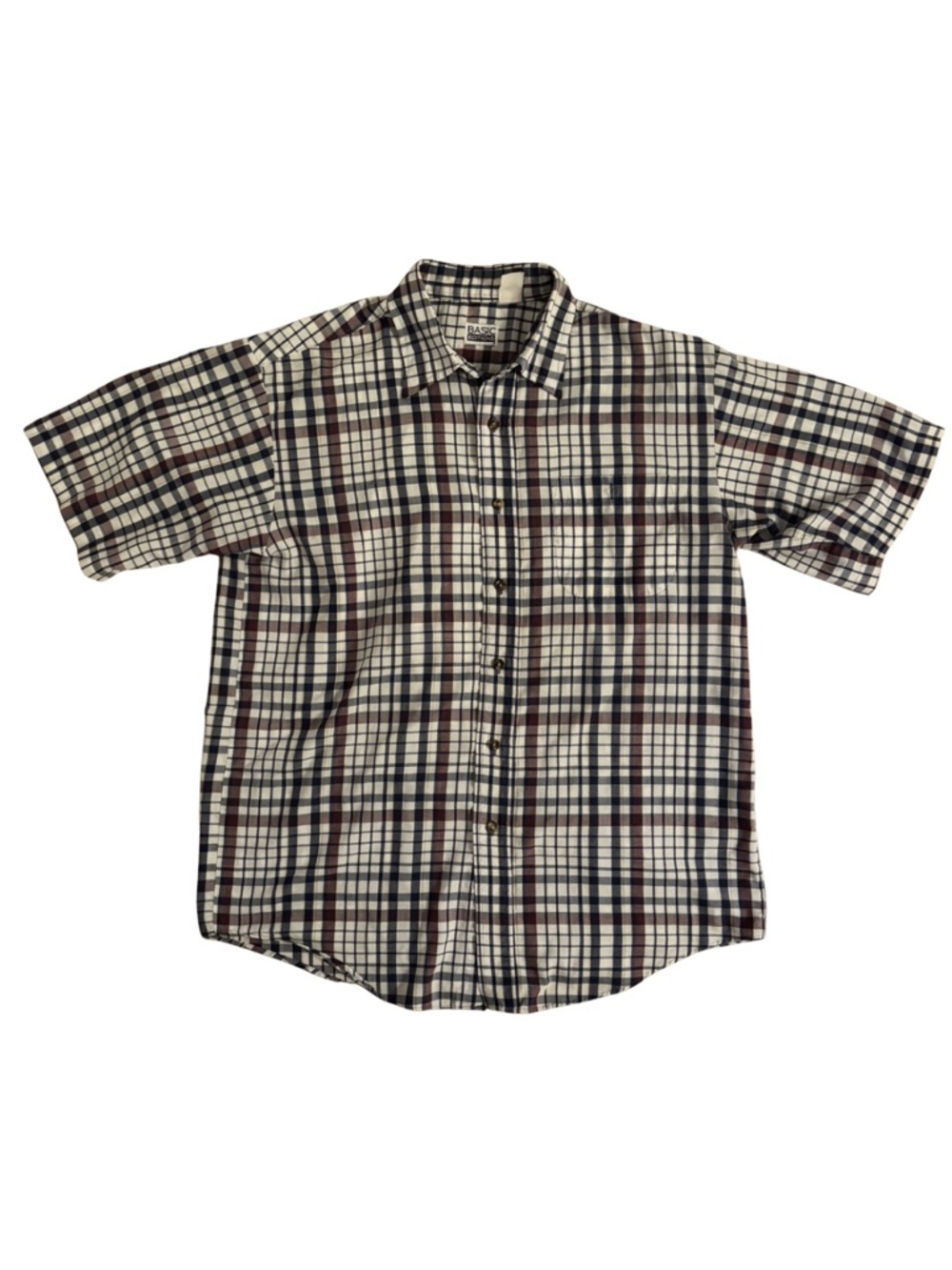 Vintage Basic Editions Short-Sleeve Plaid Button-Up Shirt - White & Brown